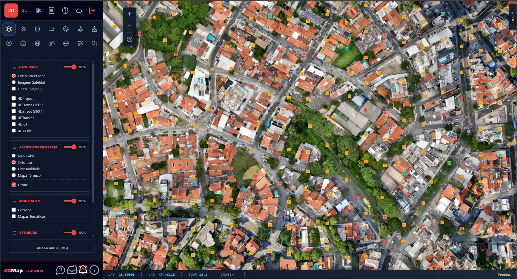 Tela real do 4DMap: ortofoto de drone sobre Sorocaba, com camadas, marcadores e painel da plataforma