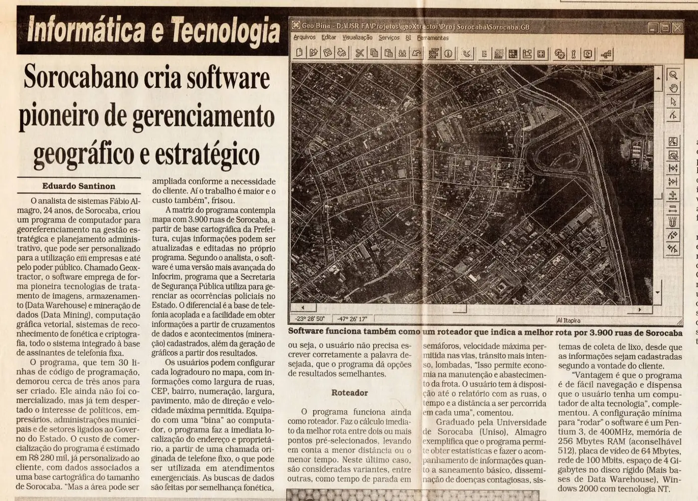 Ritaglio di giornale: 'Un sorocabano crea un software pioneristico di gestione geografica e strategica' — sul GeoXtractor
